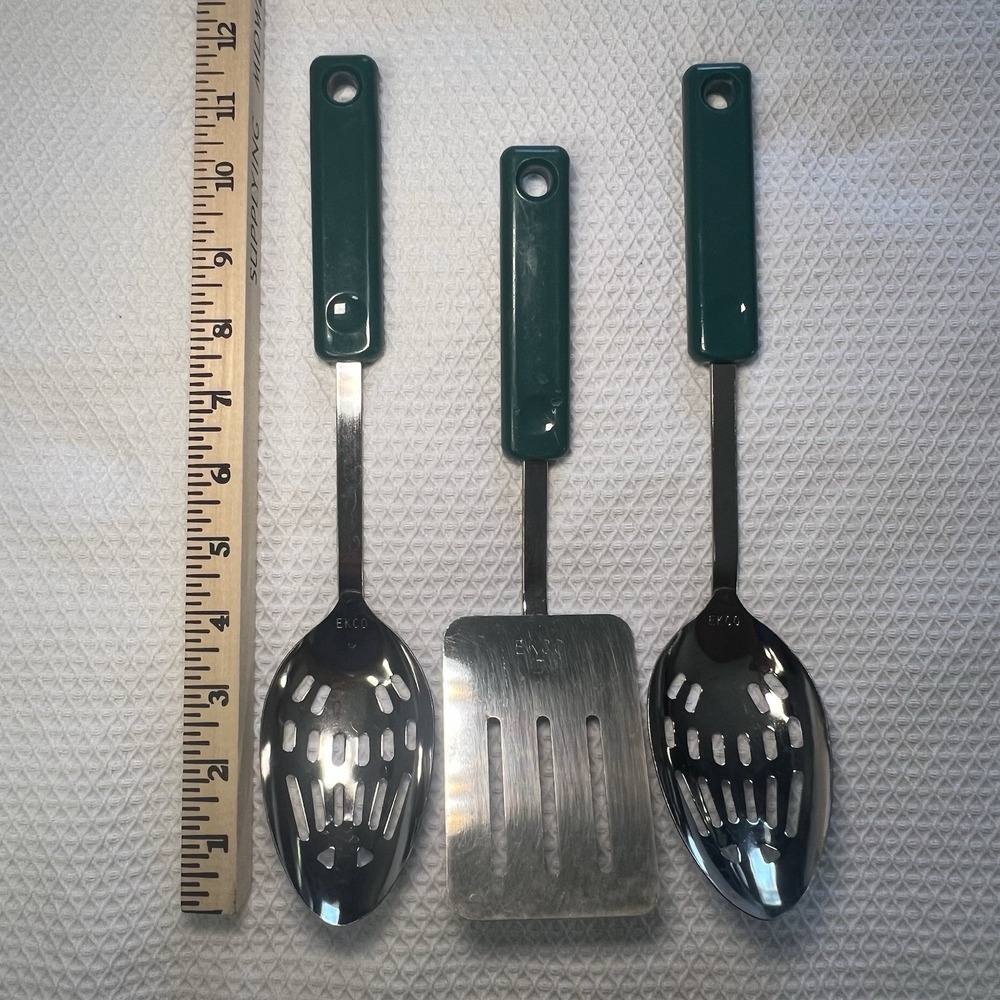 Vintage Ekco 3 Piece Utensil Stainless Steel Green Handles Slotted Spoon Spatula